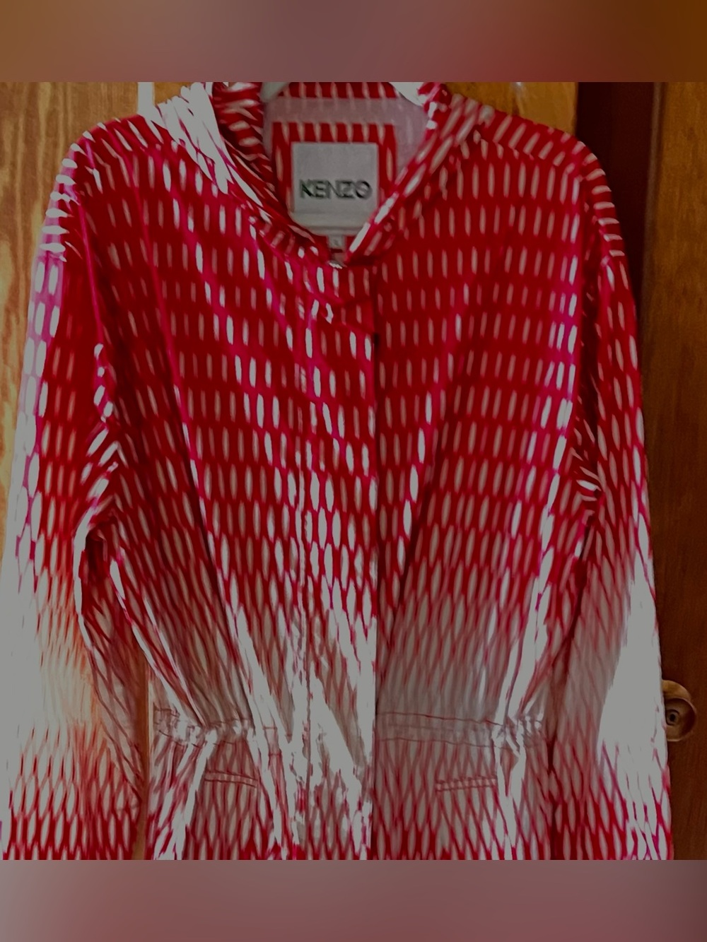 KENZO Red and White Patterned 45” Long Raincoat with Hood